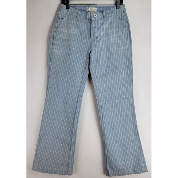 Free People Womens Size 26 Blue White Striped Wide Leg Button Fly Jeans - Picture 1 of 11